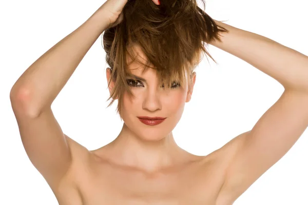 Young Shirtless Woman Makeup Posing White Background — Stock Photo, Image