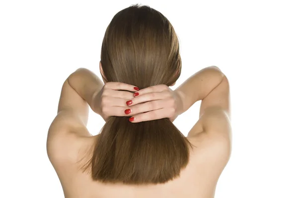 Back View Young Nude Woman Holding Her Long Hair White — Stock Photo, Image