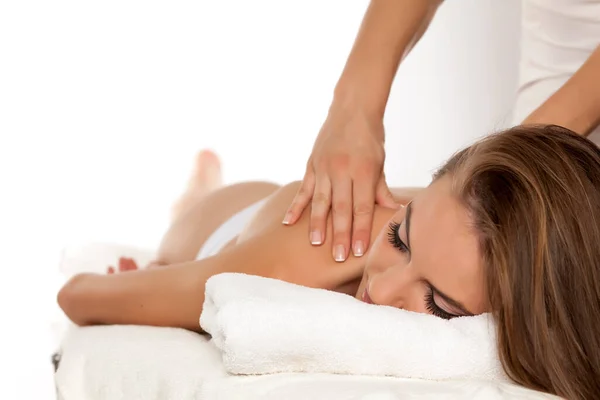 Young Woman Enjoys Masses Her Back — Stock Photo, Image