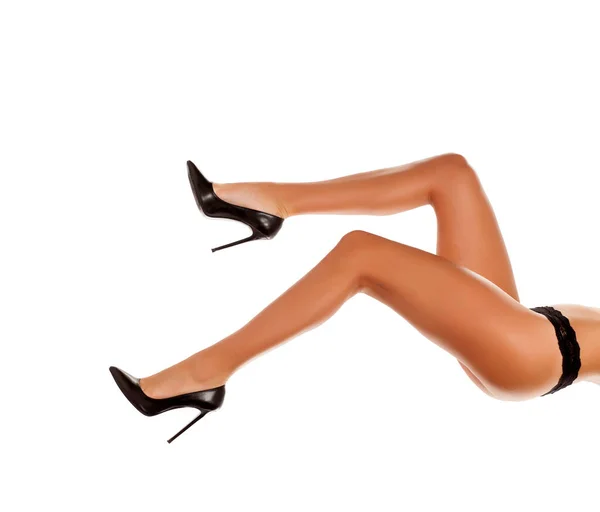 Ładna Kobieta Długie Nogi Wysokie Obcasy Czarne Koronki Majtki Białym — Zdjęcie stockowe