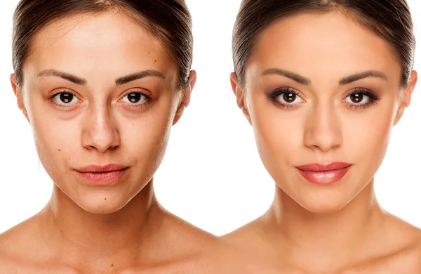 Jämförelse Porträtt Ung Kvinna Utan Och Med Makeup Vit Bakgrund — Stockfoto