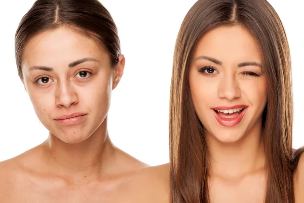 Retrato Comparação Mulher Jovem Sem Com Maquiagem Fundo Branco — Fotografia de Stock