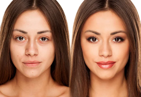 Jämförelse Porträtt Ung Kvinna Utan Och Med Makeup Vit Bakgrund — Stockfoto