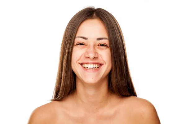 Portrét Mladé Krásné Šťastné Ženy Bez Make Upu Bílém Pozadí — Stock fotografie