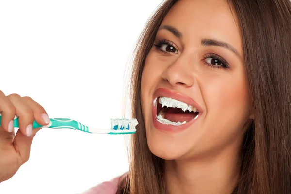 Young Woman Brushing Her Teeth Tooth Brush White Background — Stock Photo, Image