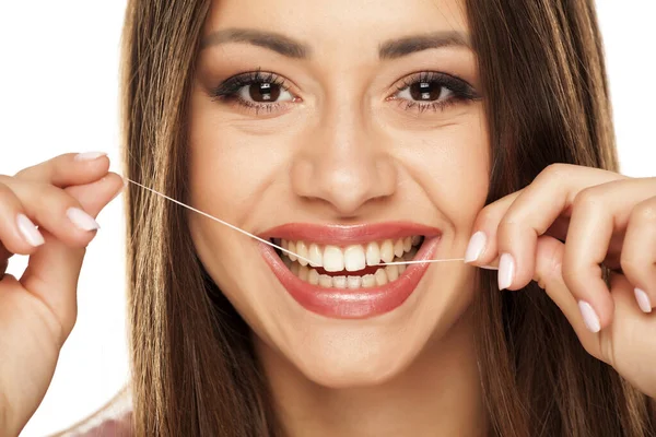 Young Beautiful Woman Cleans Her Teeth Dental Floss — Stock Photo, Image