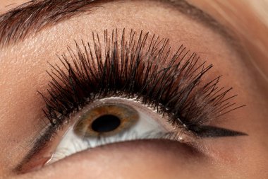 Yapay kirpikli, makyajlı kadın gözünün yakın çekimi.