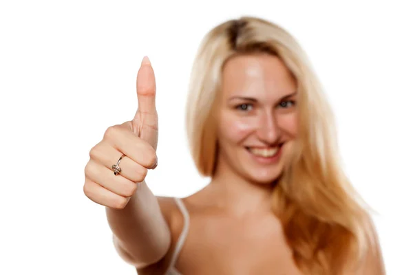 Happy Young Blonde Woman Showing Thumbs — Stock Photo, Image