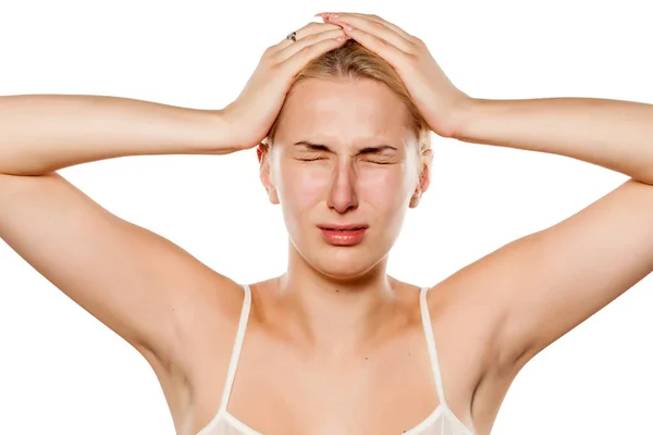 Young Blonde Has Bad Headache — Stock Photo, Image