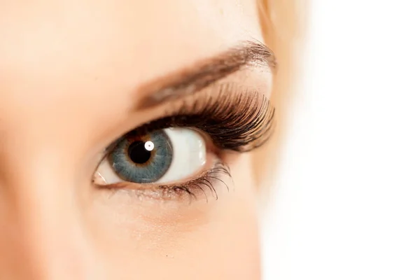 Nahaufnahme Des Geschminkten Weiblichen Auges Mit Künstlichen Wimpern — Stockfoto