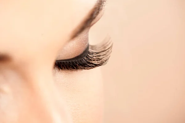 Primer Plano Del Ojo Femenino Maquillado Con Pestañas Artificiales — Foto de Stock