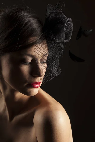 Ritratto Romantico Bella Giovane Donna Con Cappello Velo — Foto Stock