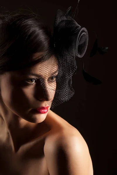 Romantic Portrait Beautiful Young Woman Veil Hat — Stock Photo, Image