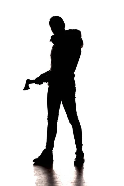 Silhouette Una Donna Con Ascia Sfondo Bianco — Foto Stock