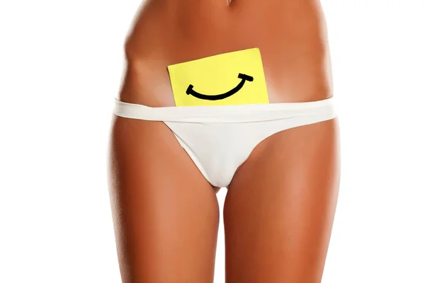 Woman Panties Cowers Her Vagina Smile Drawn Sheet Paper White — Stockfoto