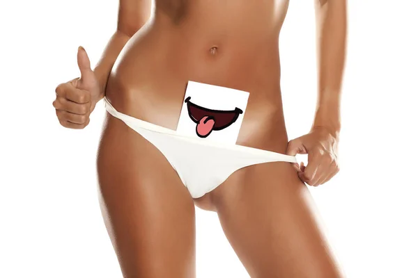 Woman Panties Cowers Her Vagina Smile Drawn Sheet Paper White — Stok fotoğraf