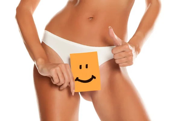 Woman Panties Cowers Her Vagina Smile Drawn Sheet Paper White — Stock fotografie