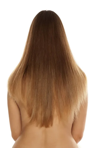 Back Look Nice Long Straight Women Hair White Baclground — стоковое фото