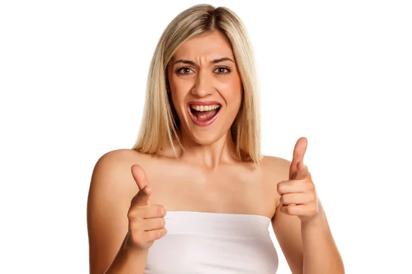 Exited Young Woman Pointing You White Background — Stock Photo, Image