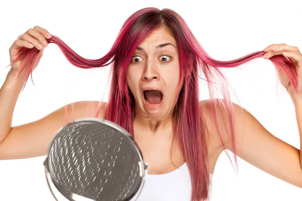 Young Shocked Woman Pink Hair White Background — Stock Photo, Image