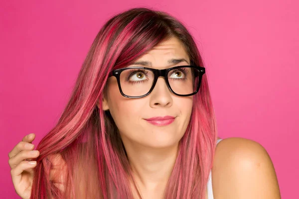 Young Worried Woman Pink Hair Pink Background — Stock Photo, Image