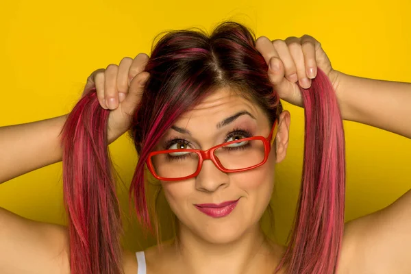 Young Funny Woman Pink Hair Yellow Background — Stock Photo, Image