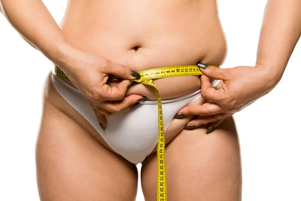 Fat Woman Measuring Her Belly White Background — Stock Photo, Image