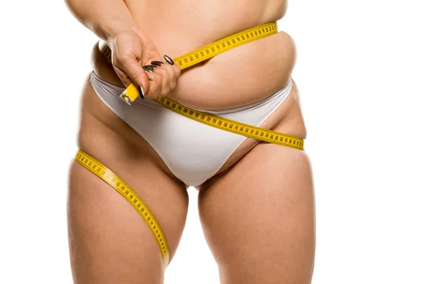 Fat Woman Measuring Her Belly White Background — Stock Photo, Image