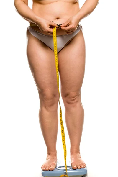 Fat Woman Stands Scales Holds Measuring Tape White Background — Stock Photo, Image