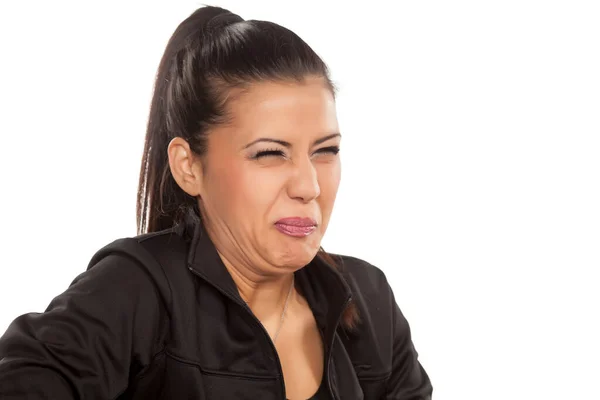 Beautiful Young Woman Disgusted Something White Background — Stock Photo, Image