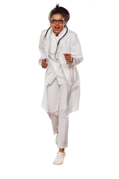 Young Woman Doctor Panic Run White Background — Stock Photo, Image