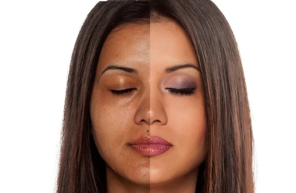 Retrato Comparação Uma Mulher Bonita Exótica Sem Com Maquiagem — Fotografia de Stock