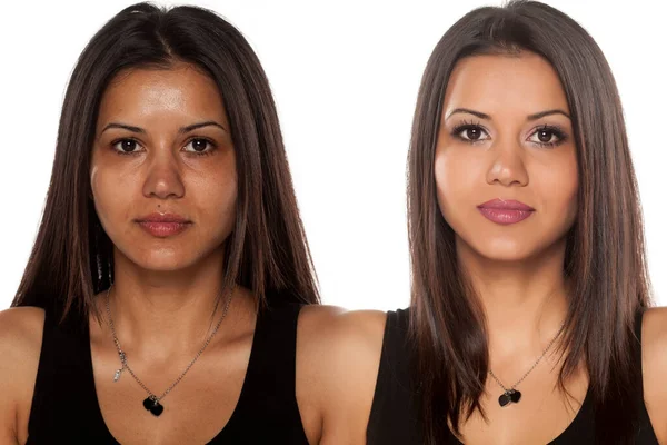 Comparaison Portrait Une Belle Femme Exotique Sans Avec Maquillage — Photo