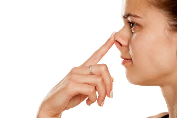 Perfil Young Woman Lifting Her Nose White Background — Fotografia de Stock
