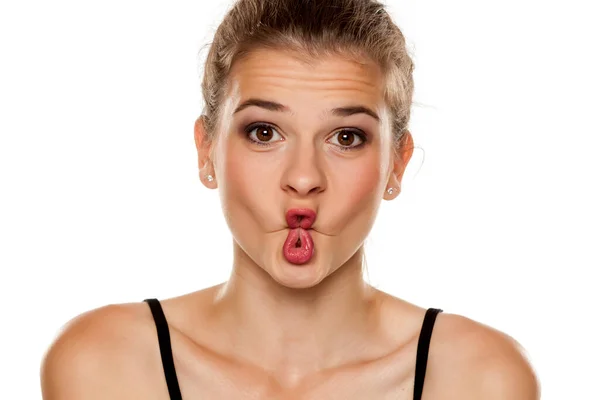Portrait Beautiful Young Woman Making Fish Face White Background — Stock Photo, Image
