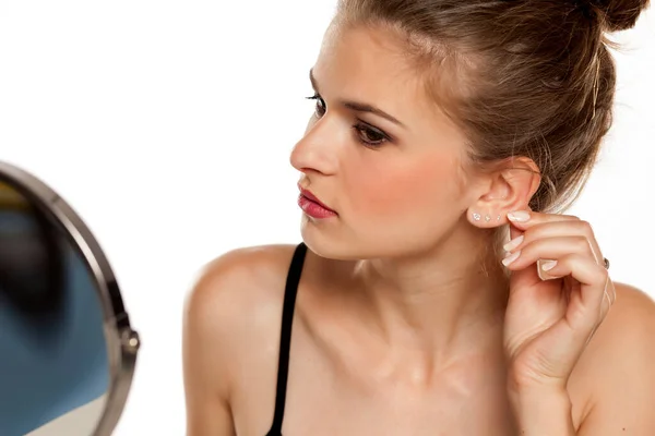 Profile Young Woman Touching Her Ear White Background — Stock Photo, Image