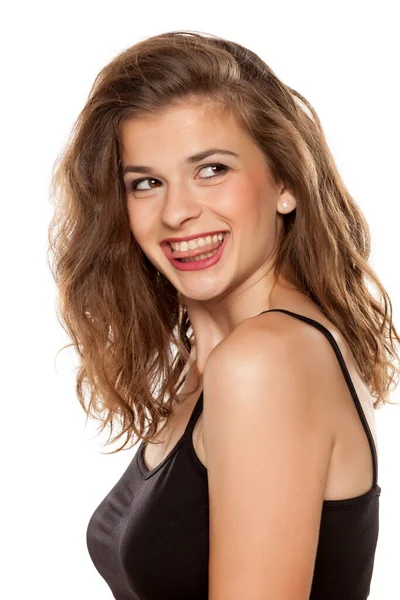 Retrato Jovem Bela Mulher Feliz Com Cabelos Longos Encaracolados Fundo — Fotografia de Stock