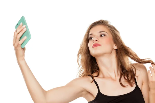 Portrait Young Happy Beautiful Woman Long Curly Hair Taking Selfies — Stock Photo, Image