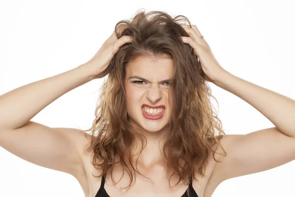 Young Woman Scratching Her Head White Background — Stock Photo, Image