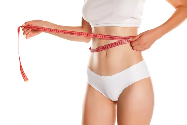 Young Woman Measure Her Waist Tape White Background — Stock Photo, Image