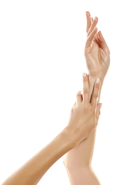 Closeup Female Hands Applying Hand Cream White Background — Stock Photo, Image