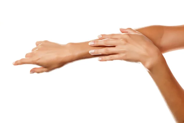 Closeup Female Hands Applying Hand Cream White Background — Stock Photo, Image