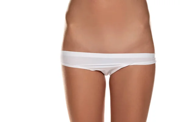 Woman Panties Shows Her Shaved Pubic Area White Background — Stock Photo, Image