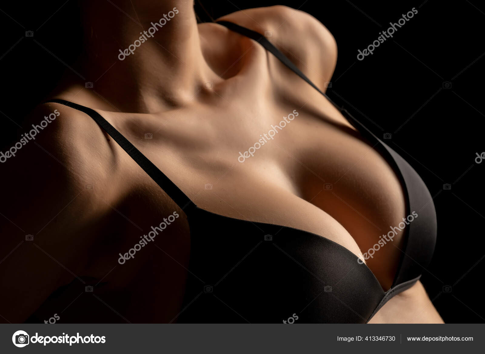 Woman Perfect Breasts Black Bra Black Background Stock Photo by