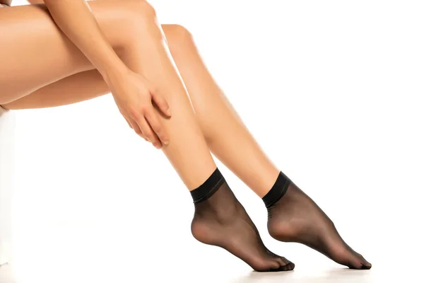 Žena Sobě Černé Krátké Nylonové Ponožky Bílém Pozadí — Stock fotografie