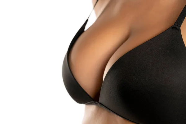 Kvinna Med Perfekta Bröst Svart Vit Bakgrund — Stockfoto