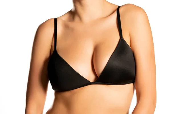 Femme Aux Seins Parfaits Soutien Gorge Noir Sur Fond Blanc — Photo