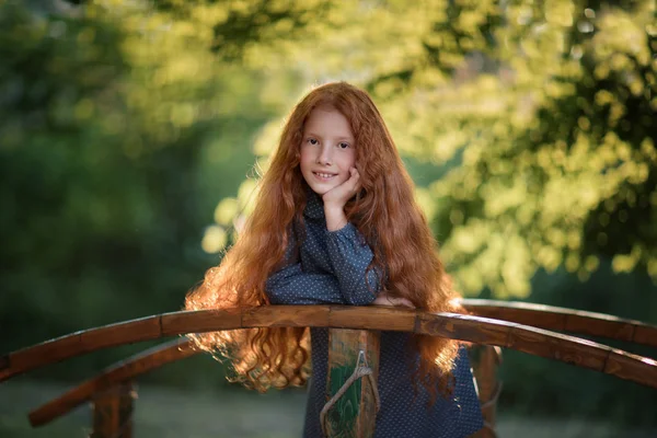 Glad Tjej Står Lilla Träbron Och Håller Handen Hakan — Stockfoto