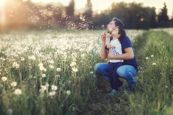 Father Son Blowing Dandelions Together Field — Stock Photo, Image