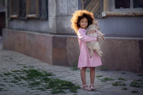 Pełna Długość Strzał African American Girl Gospodarstwa Szczeniak Rękach Zewnątrz — Zdjęcie stockowe